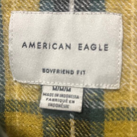 American Eagle Women’s Plaid Flannel Button Down Size Medium Boyfriend Fit Gold - Picture 3 of 13